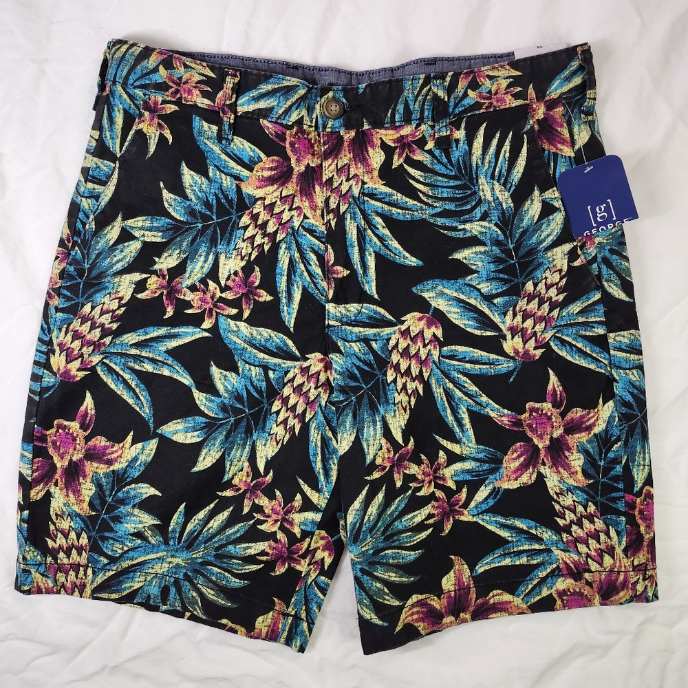 New George Mens Chino Shorts Sz 32 Floral Print Black Multicolor Tropical Island